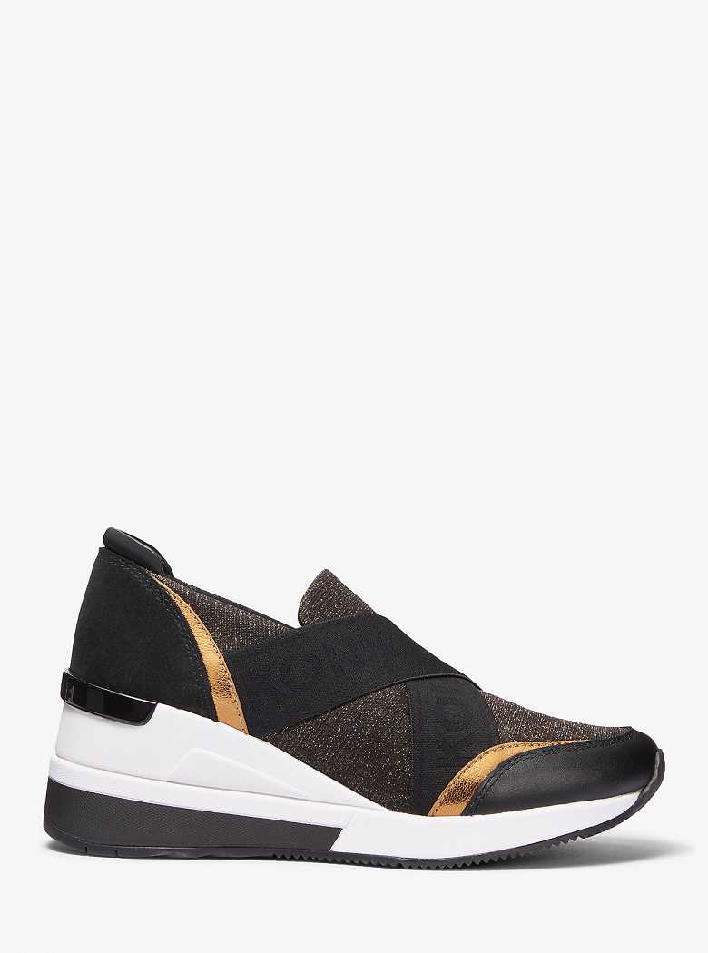 Michael Kors Geena Glitter Chain-Mesh and Leather Slip-On Black/Bronze | SN-MK27435