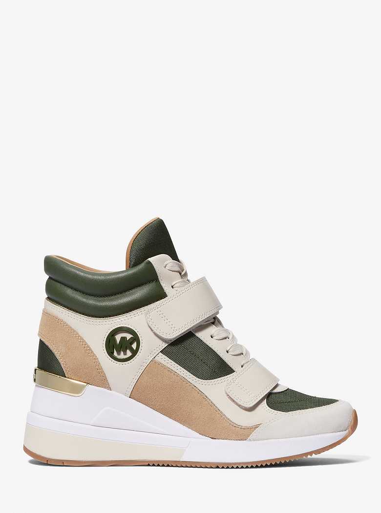 Michael Kors Gentry Leather and Canvas High-Top Wedge Amazon Green Multi | SN-MK27426