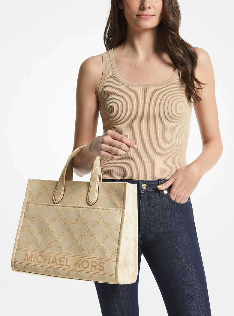 Michael Kors Gigi Large Empire Logo Jacquard Pale Gold/Natural | SN-MK26800