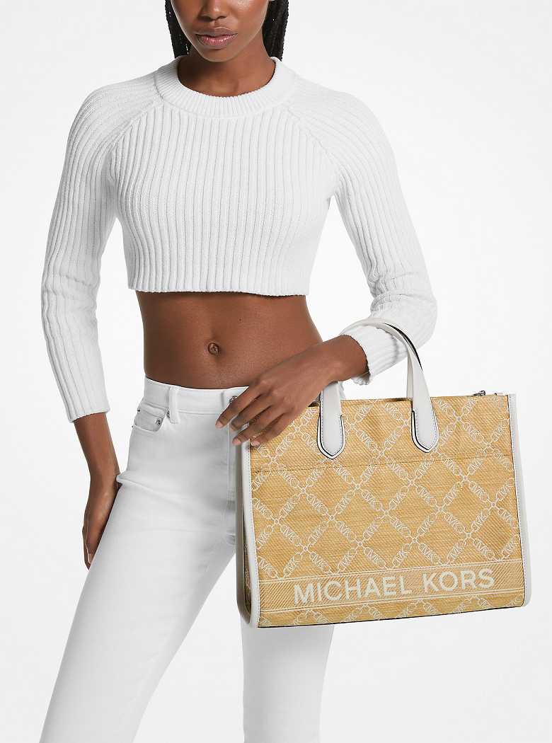 Michael Kors Gigi Large Empire Logo Jacquard Straw Nat/Opticwht | SN-MK26807