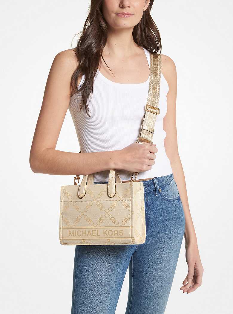 Michael Kors Gigi Small Metallic Empire Logo Jacquard Pale Gold/Natural | SN-MK27293