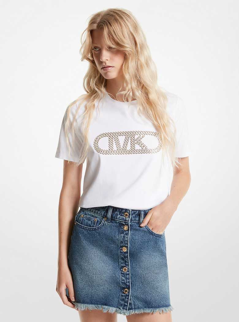 Michael Kors Grommeted Empire Logo Organic Cotton T-Shirt White | SN-MK26514