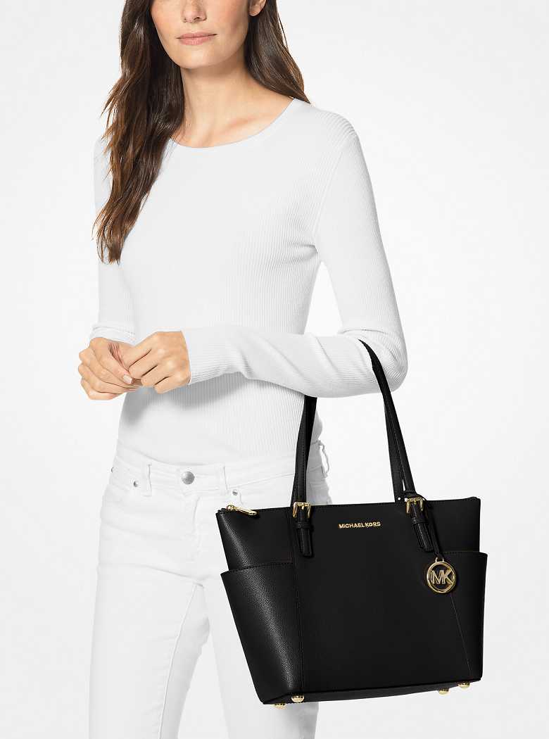 Michael Kors Jet Set Large Crossgrain Leather Top-Zip Black | SN-MK26888