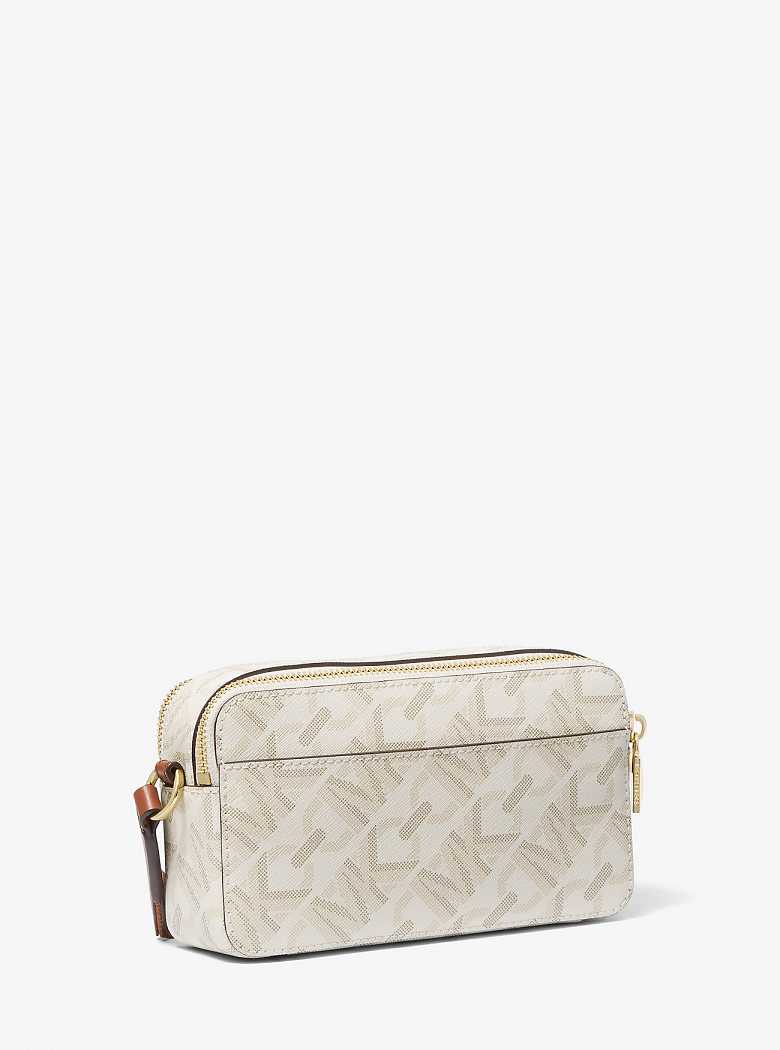 Michael Kors Jet Set Small Empire Signature Logo Stripe Double-Zip Vanilla/Luggage | SN-MK27119