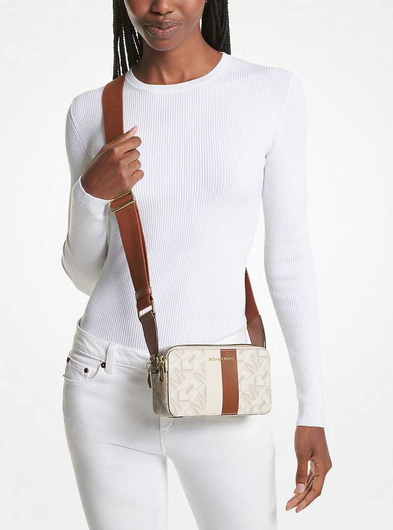 Michael Kors Jet Set Small Empire Signature Logo Stripe Double-Zip Vanilla/Luggage | SN-MK27119