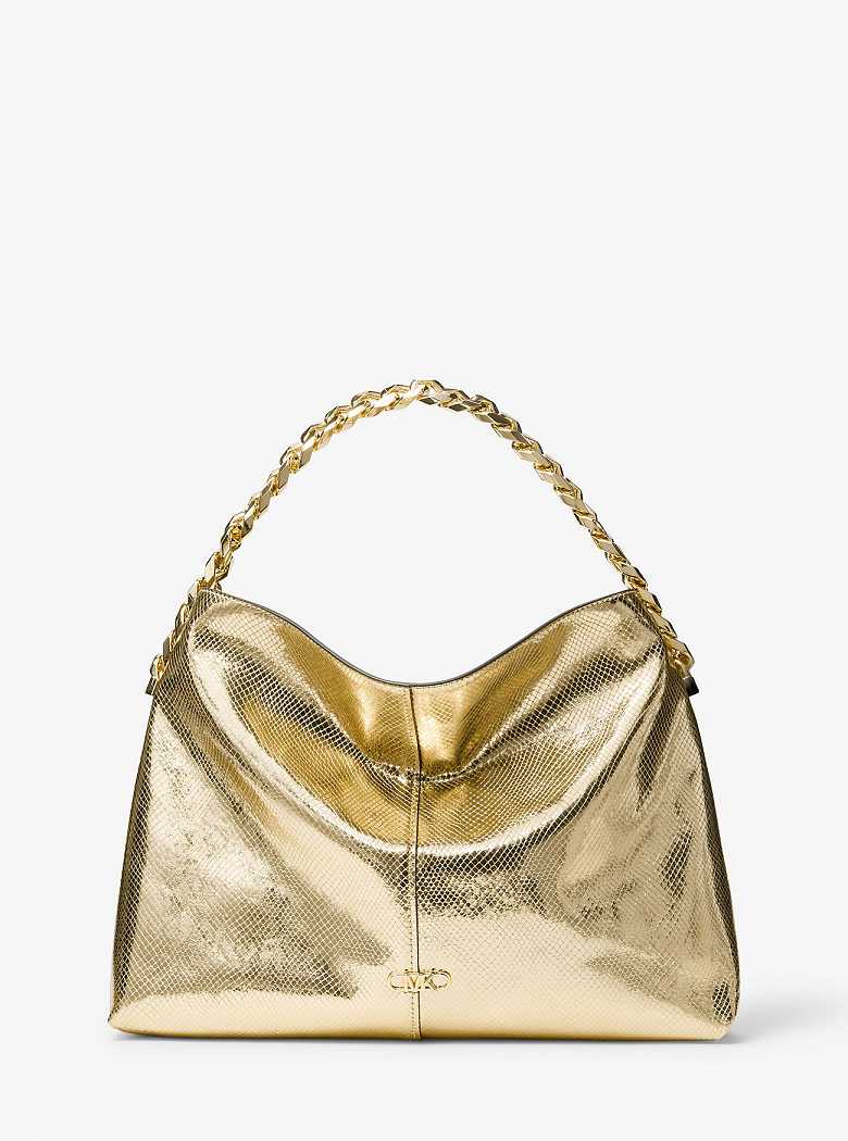 Michael Kors Jordyn Large Metallic Snake Embossed Leather Pale Gold | SN-MK27099