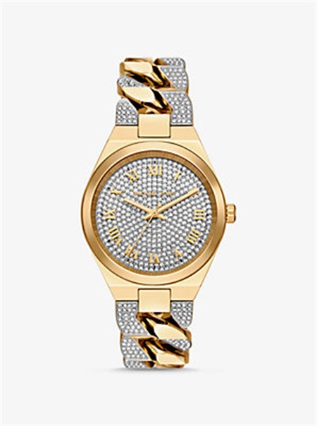 Michael Kors Lennox Pavé Gold-Tone Curb-Link Watch Gold | SN-MK28311