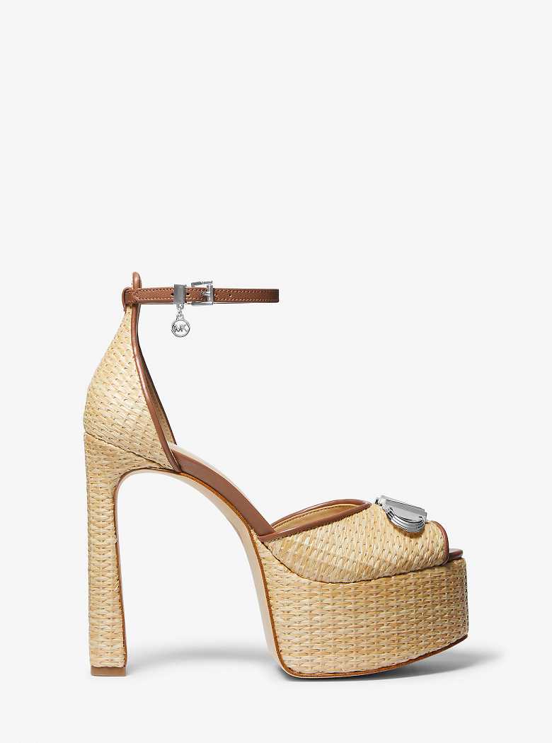 Michael Kors Martina Straw Peep-Toe Platform Natural/Luggage | SN-MK27643