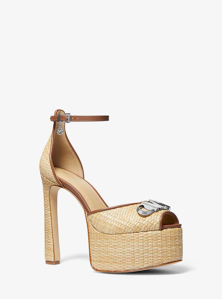 Michael Kors Martina Straw Peep-Toe Platform Natural/Luggage | SN-MK27643