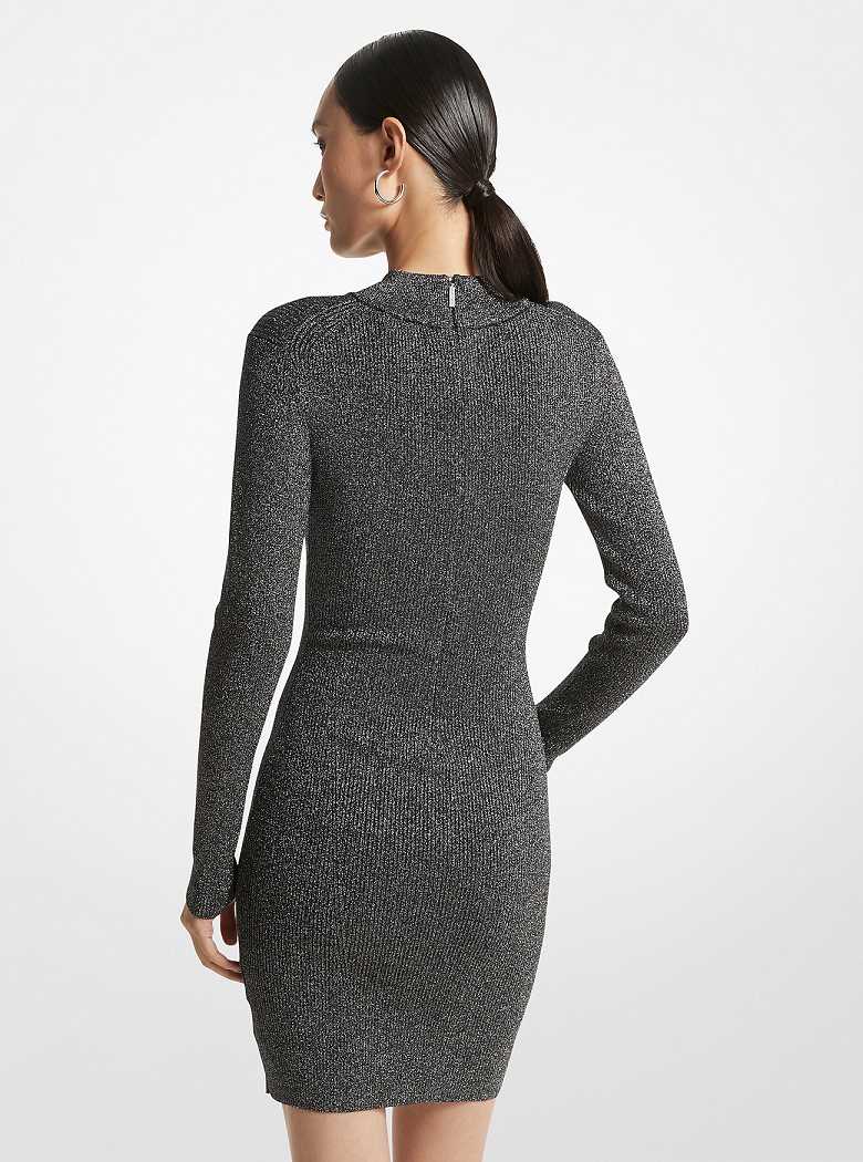 Michael Kors Metallic Ribbed Stretch Knit Mock Neck Black/Silver | SN-MK26689