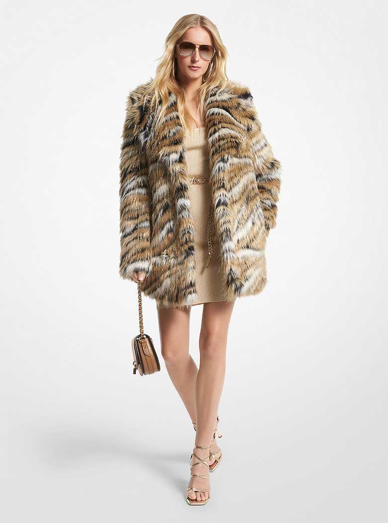 Michael Kors Metallic Tiger Jacquard Faux Fur Khaki | SN-MK26617