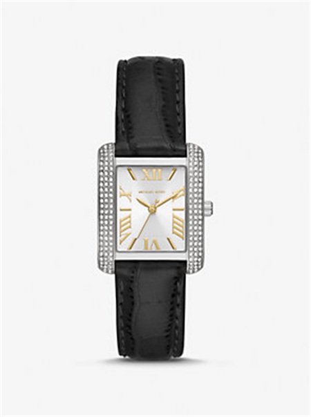 Michael Kors Mini Emery Pavé Silver-Tone and Crocodile Embossed Leather Watch Black | SN-MK28437