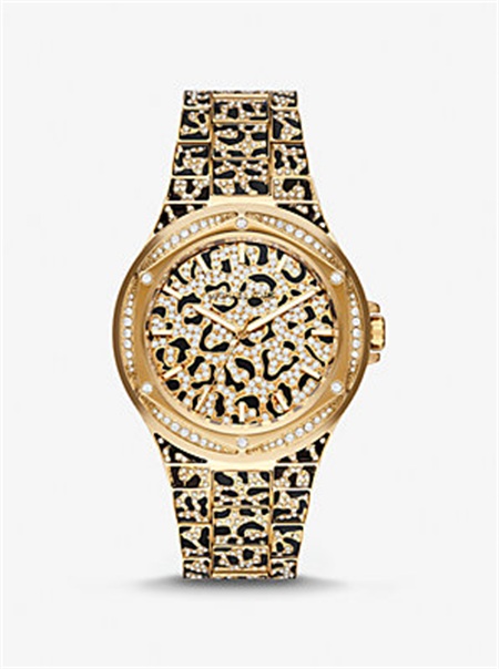 Michael Kors Oversized Lennox Animal Pavé Gold-Tone Watch Gold | SN-MK28333