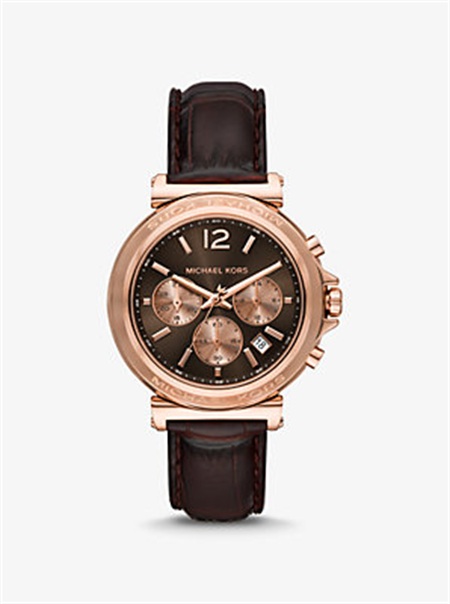 Michael Kors Oversized Maren Rose Gold-Tone and Crocodile Embossed Leather Watch Chocolate | SN-MK28301