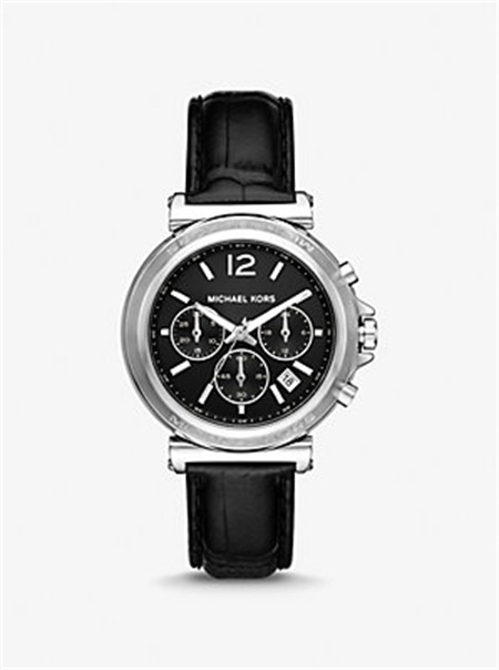 Michael Kors Oversized Maren Silver-Tone and Crocodile Embossed Leather Watch Black | SN-MK28300