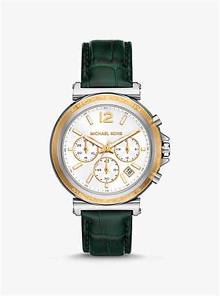 Michael Kors Oversized Maren Silver-Tone and Crocodile Embossed Leather Watch Green | SN-MK28302