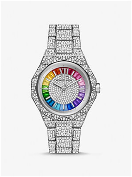 Michael Kors PRIDE Limited-Edition Oversized Raquel Rainbow Pavé Silver-Tone Watch Silver | SN-MK28435