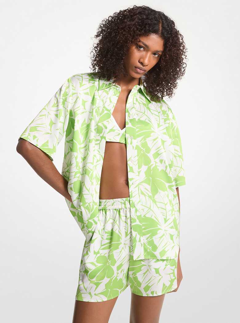 Michael Kors Palm Print Satin Cabana Shirt Green Apple | SN-MK26507