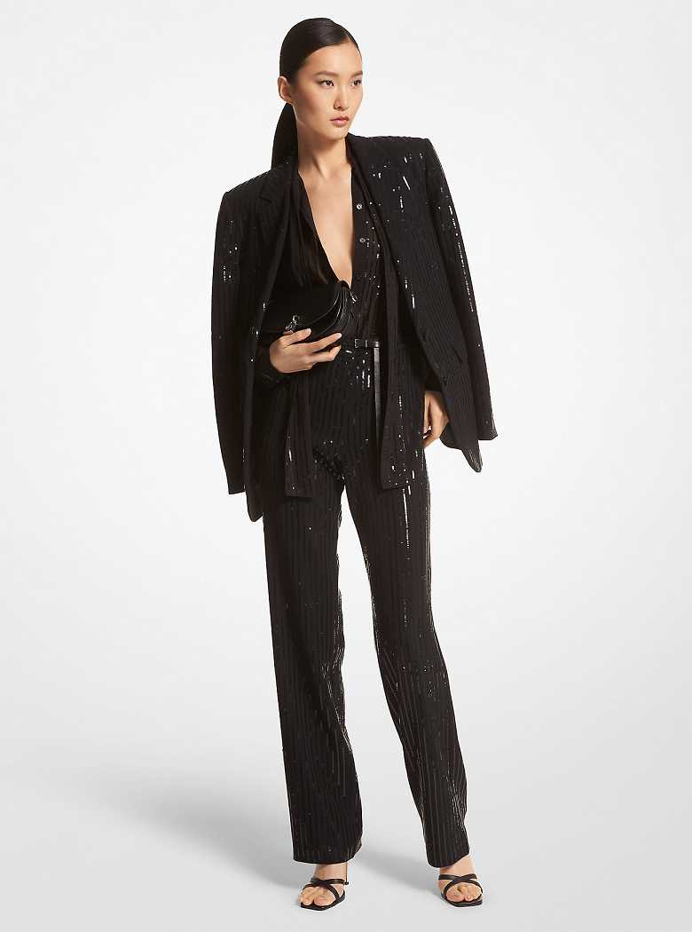 Michael Kors Pinstripe Sequined Crepe Boyfriend Black | SN-MK26606