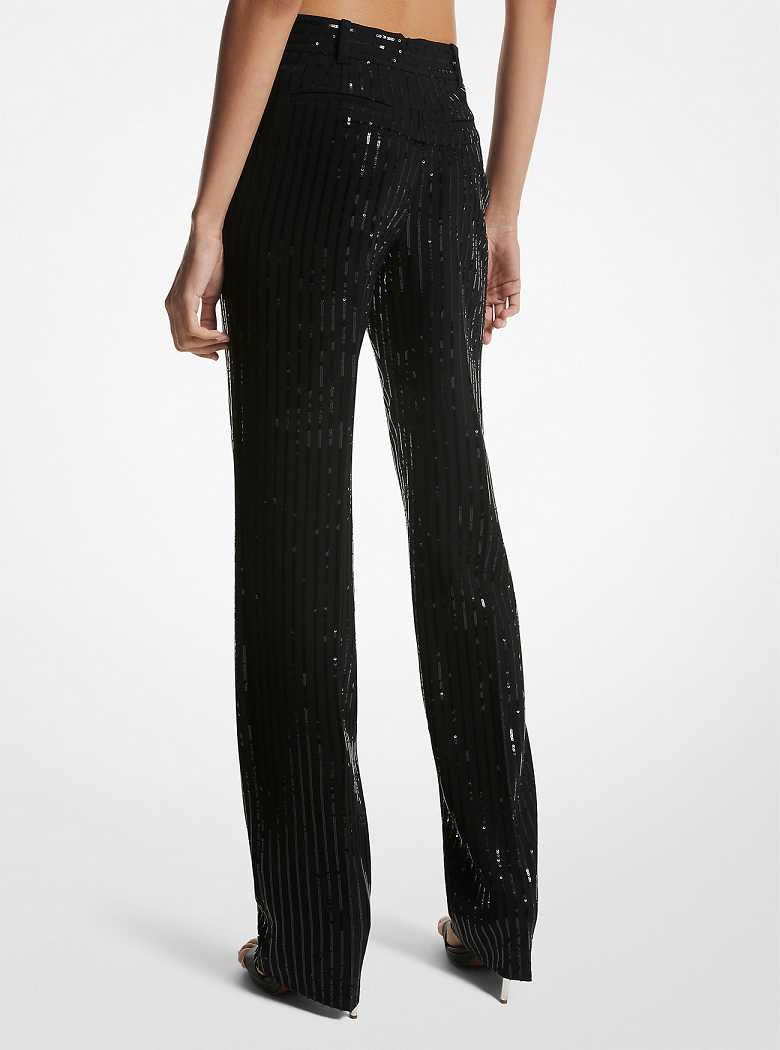 Michael Kors Pinstripe Sequined Crepe Straight-Leg Black | SN-MK26556