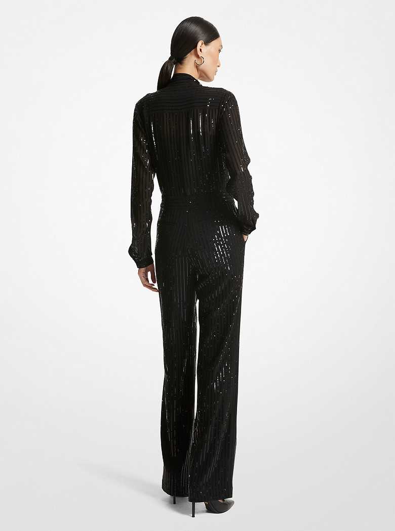 Michael Kors Pinstripe Sequined Georgette Black | SN-MK26752