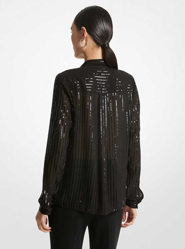 Michael Kors Pinstripe Sequined Georgette Tie-Neck Blouse Black | SN-MK26529