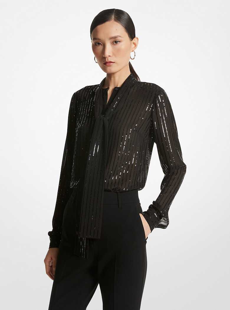 Michael Kors Pinstripe Sequined Georgette Tie-Neck Blouse Black | SN-MK26529