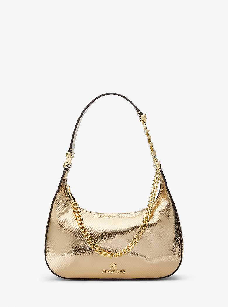 Michael Kors Piper Small Metallic Snake Embossed Leather Pale Gold | SN-MK27048