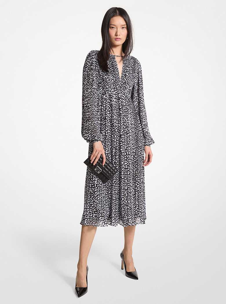 Michael Kors Pleated Leopard Print Georgette Midi Black/White | SN-MK26665