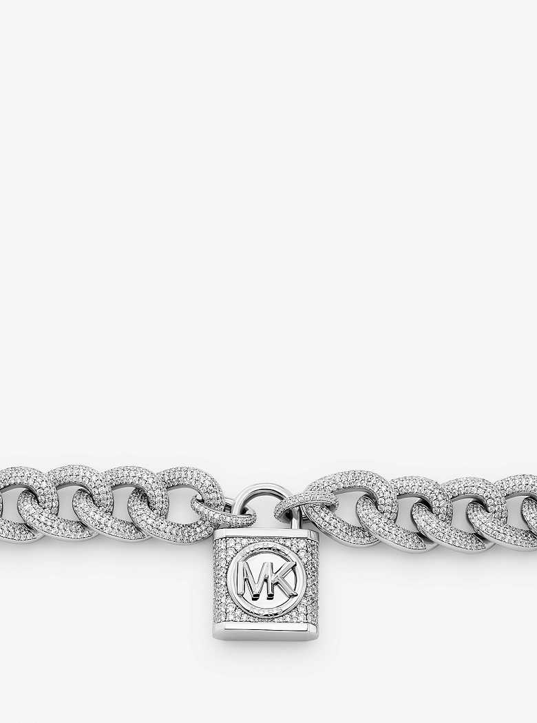 Michael Kors Precious Metal-Plated Brass Pavé Lock Curb Link Silver | SN-MK27810