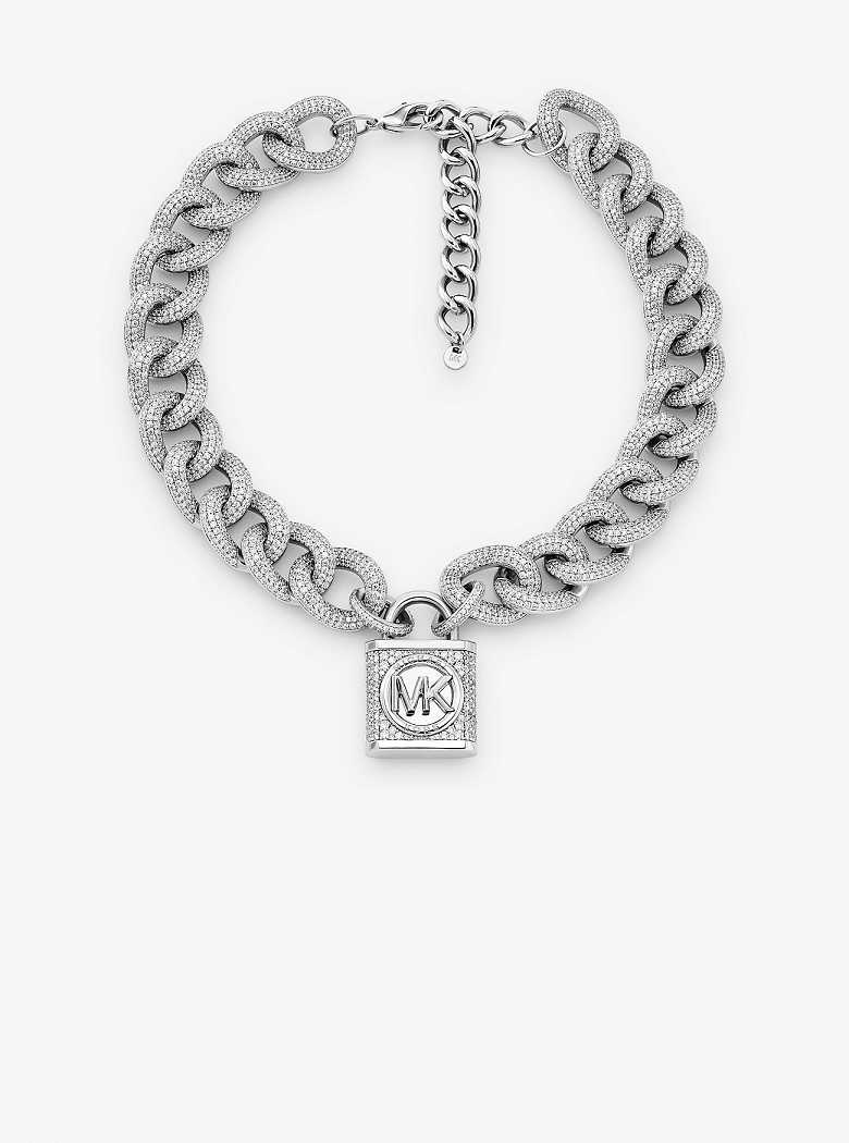 Michael Kors Precious Metal-Plated Brass Pavé Lock Curb Link Silver | SN-MK27810