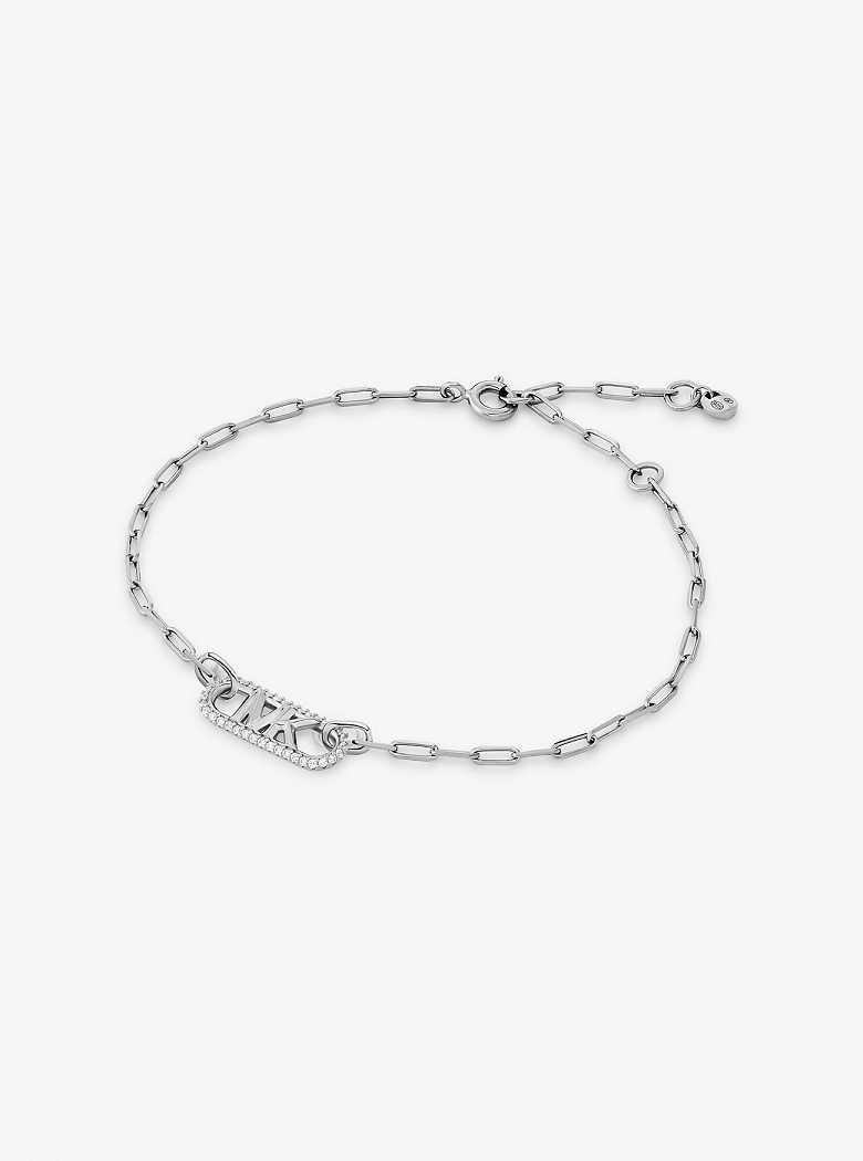 Michael Kors Precious Metal-Plated Sterling Silver Pavé Empire Logo Chain Link Silver | SN-MK27719