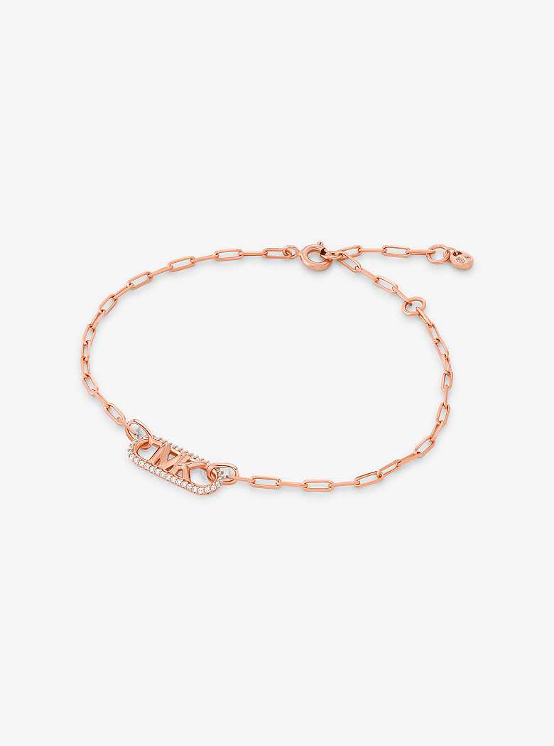 Michael Kors Precious Metal-Plated Sterling Silver Pavé Empire Logo Chain Link Rose Gold | SN-MK27737