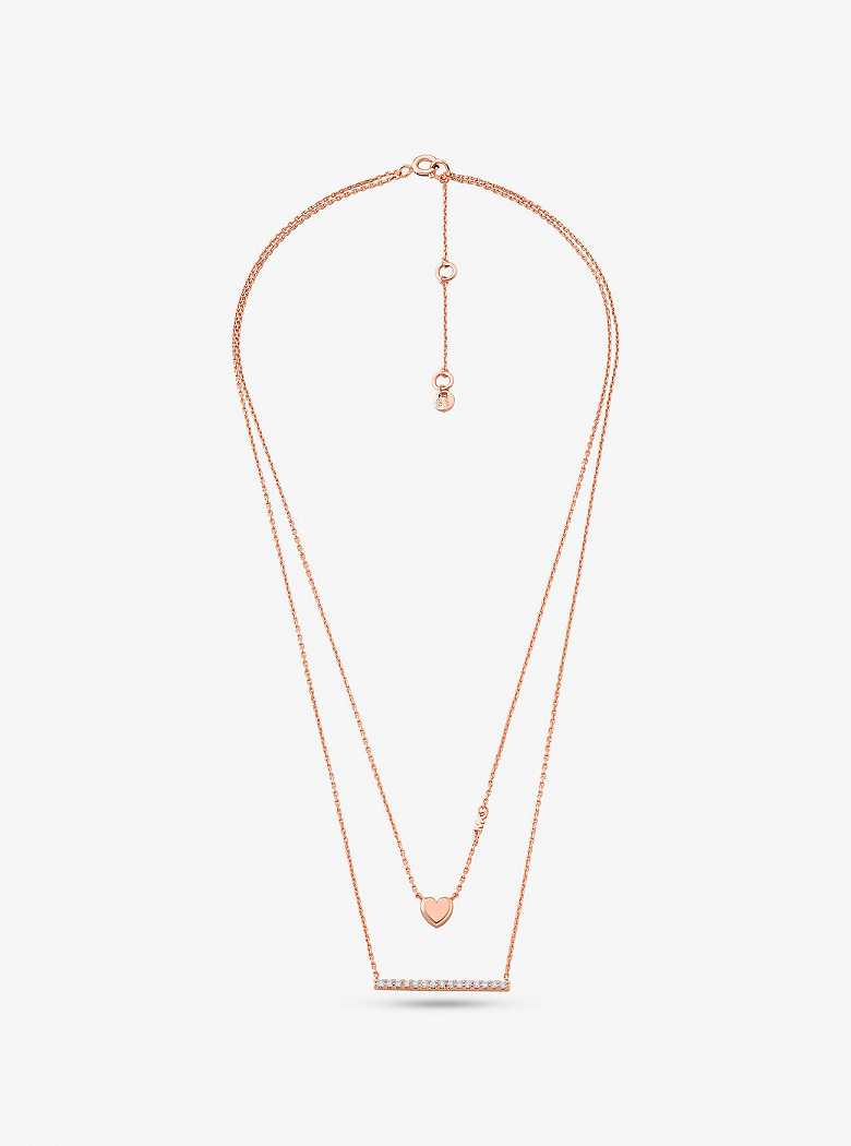 Michael Kors Precious Metal-Plated Sterling Silver Double Heart and Pavé Bar Rose Gold | SN-MK27790