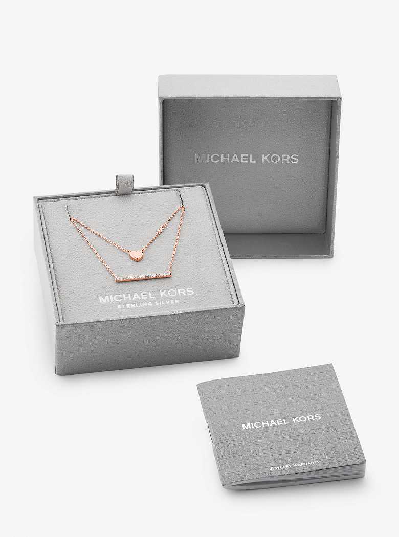 Michael Kors Precious Metal-Plated Sterling Silver Double Heart and Pavé Bar Rose Gold | SN-MK27790