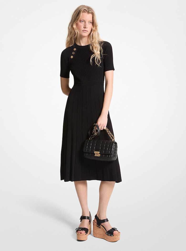 Michael Kors Ribbed Stretch Knit Button Midi Black | SN-MK26662