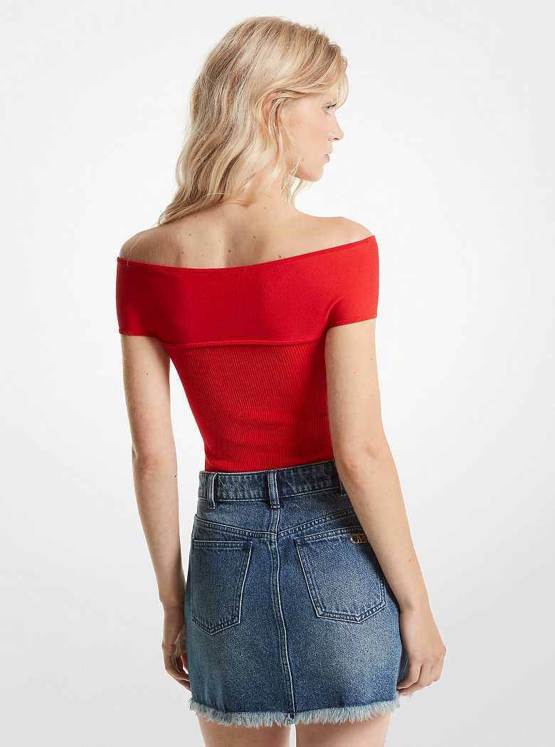 Michael Kors Ribbed Stretch Knit Crossover Bodysuit Lacquer Red | SN-MK26533