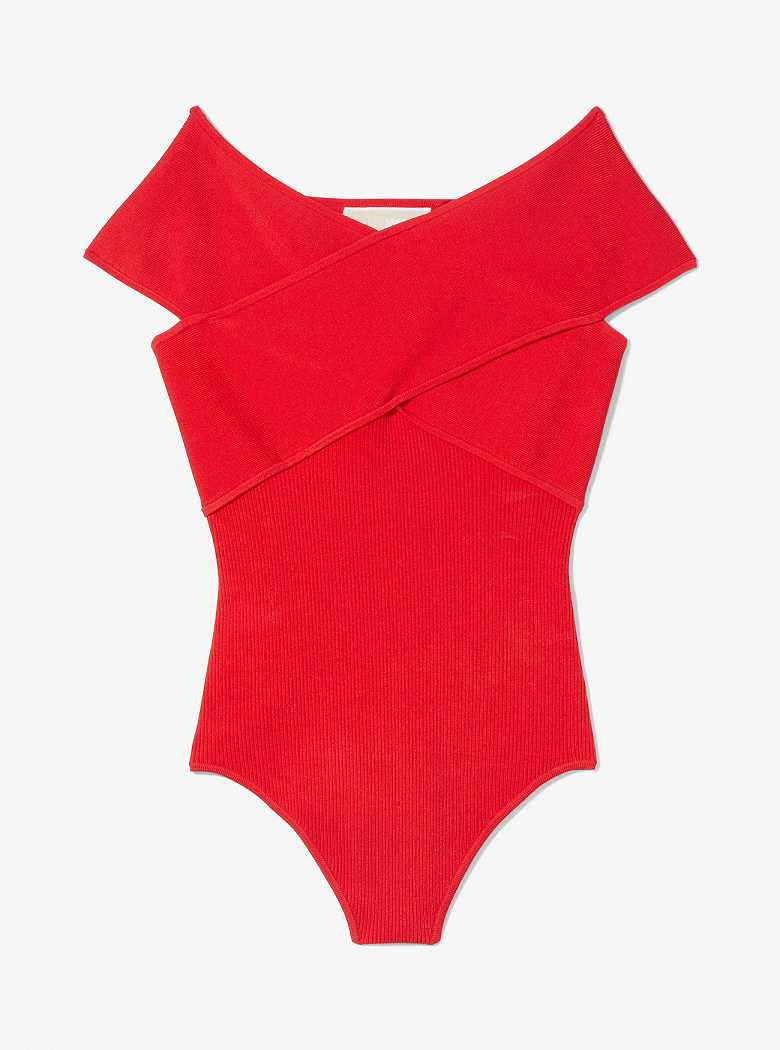 Michael Kors Ribbed Stretch Knit Crossover Bodysuit Lacquer Red | SN-MK26533