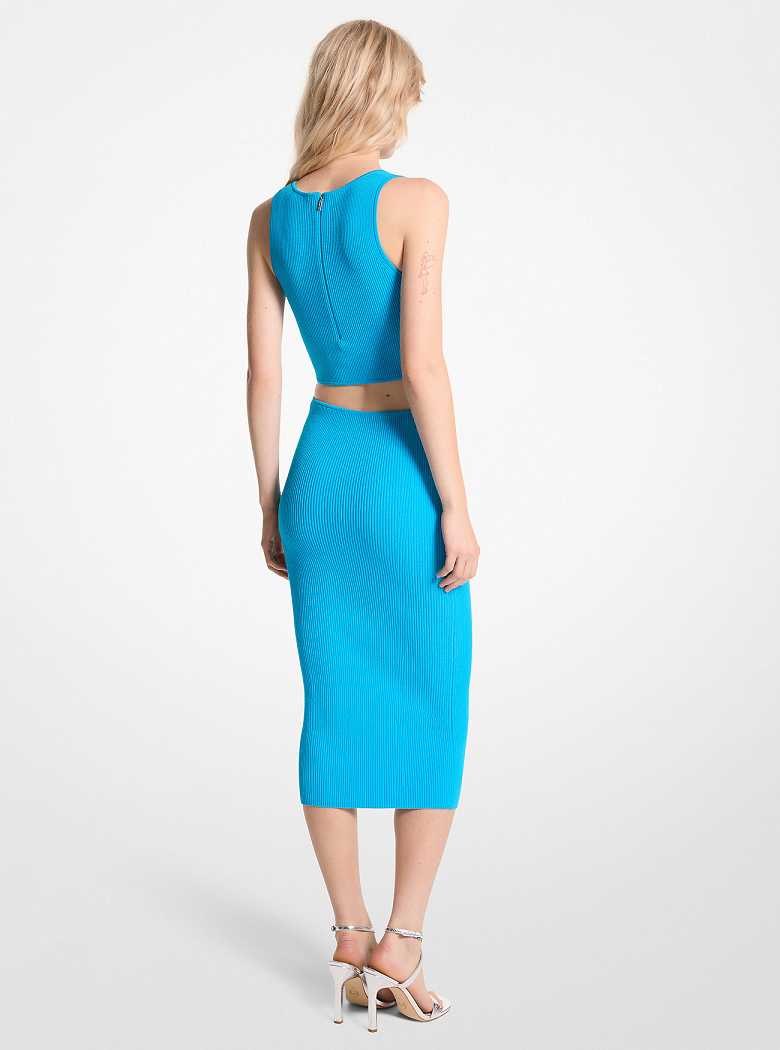 Michael Kors Ribbed Stretch Knit Cutout Midi Milos Blue | SN-MK26659