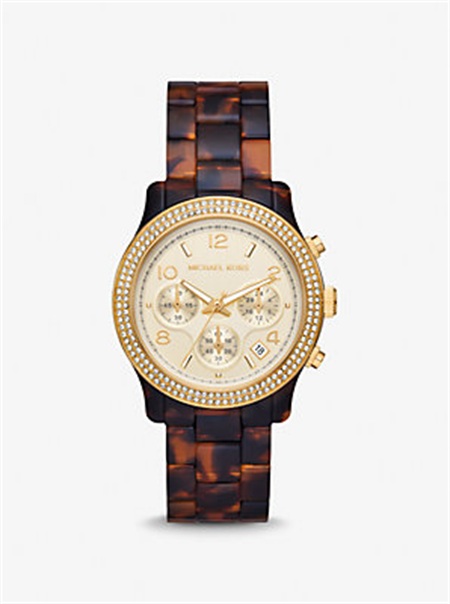 Michael Kors Runway Pavé Gold-Tone and Tortoiseshell Acetate Watch Tortoise | SN-MK28384