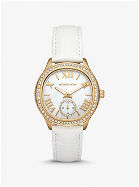 Michael Kors Sage Pavé Gold-Tone and Crocodile Embossed Leather Watch White | SN-MK28374