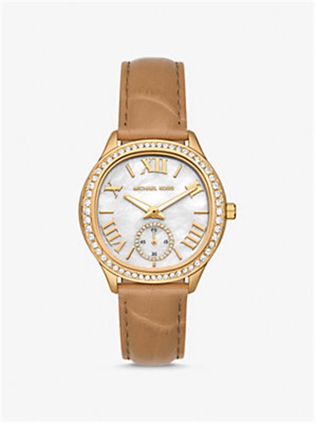 Michael Kors Sage Pavé Gold-Tone and Crocodile Embossed Leather Watch Peanut | SN-MK28411