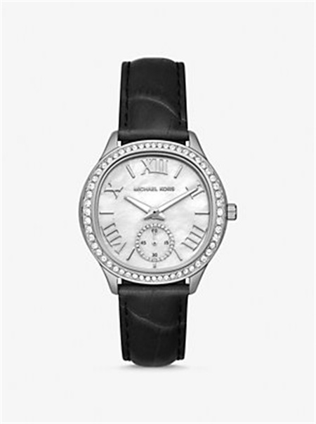 Michael Kors Sage Pavé Silver-Tone and Crocodile Embossed Leather Watch Black | SN-MK28371