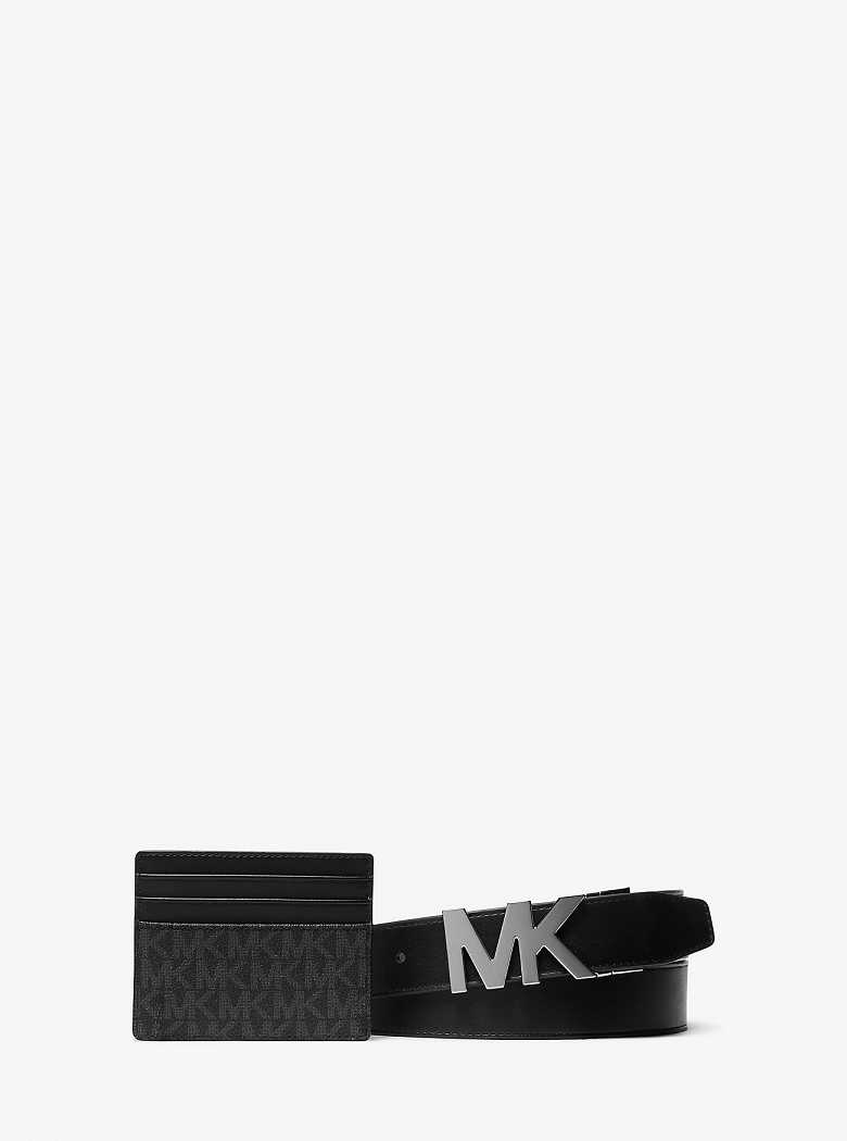 Michael Kors Signature Logo Card Case and Belt Gift Set Black | SN-MK28298