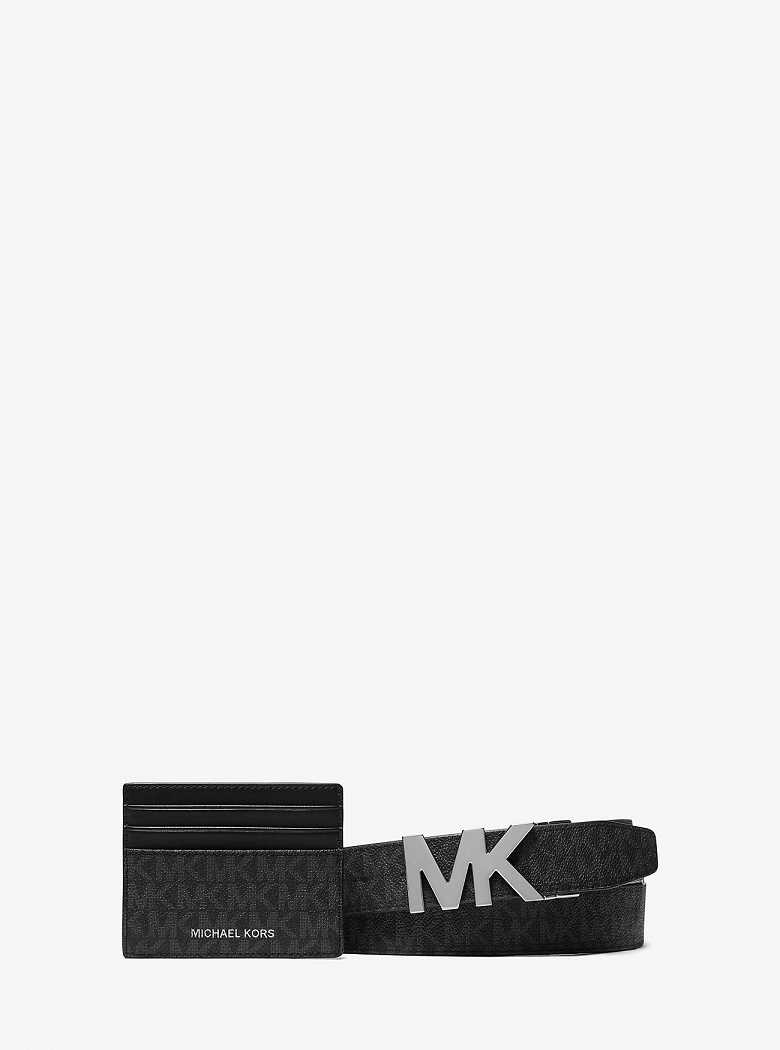 Michael Kors Signature Logo Card Case and Belt Gift Set Black | SN-MK28298