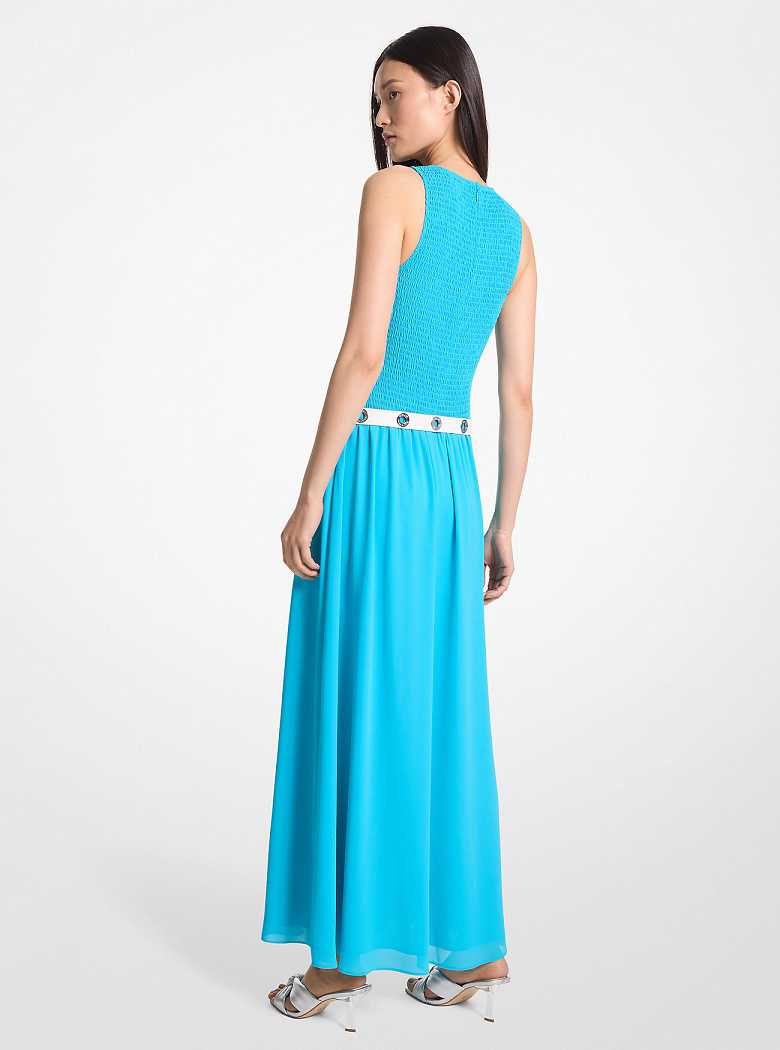 Michael Kors Smocked Georgette Maxi Milos Blue | SN-MK26652