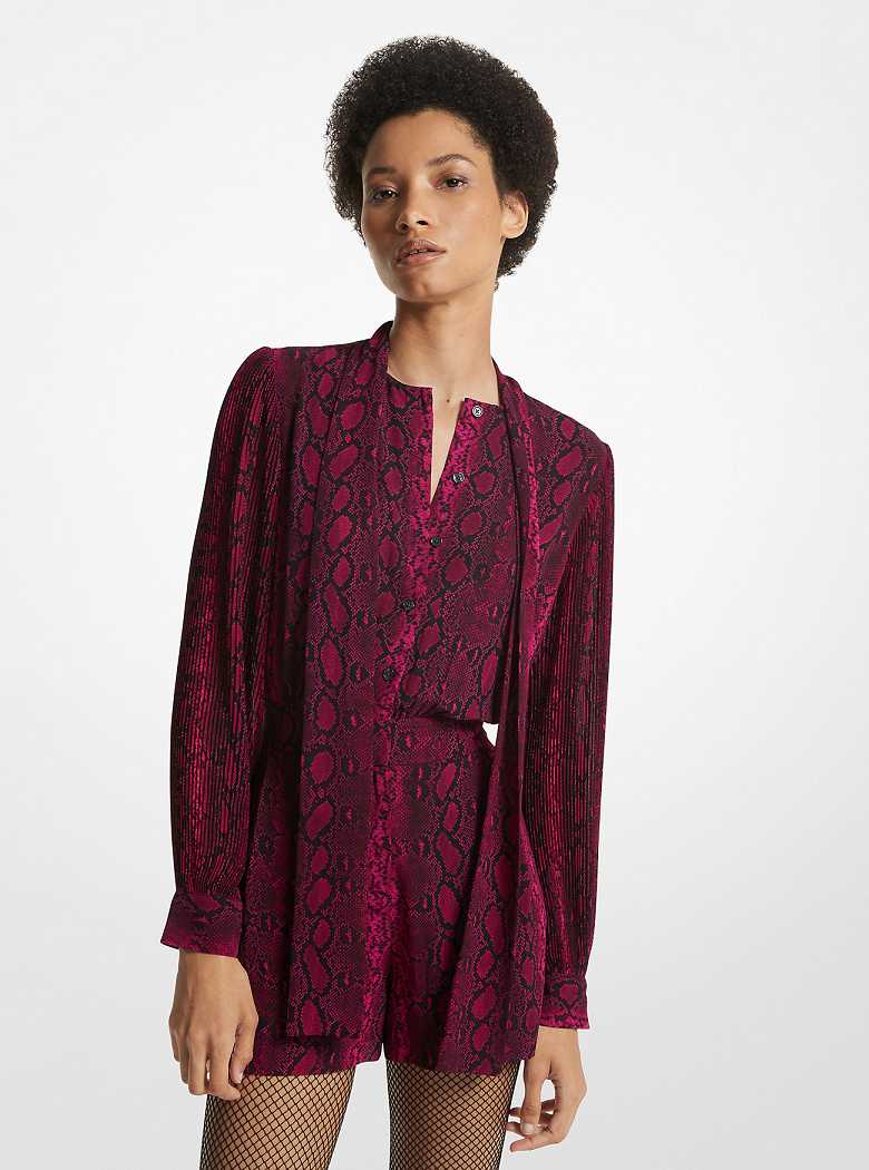 Michael Kors Snake Print Georgette Neck-Tie Deep Fuchsia | SN-MK26751