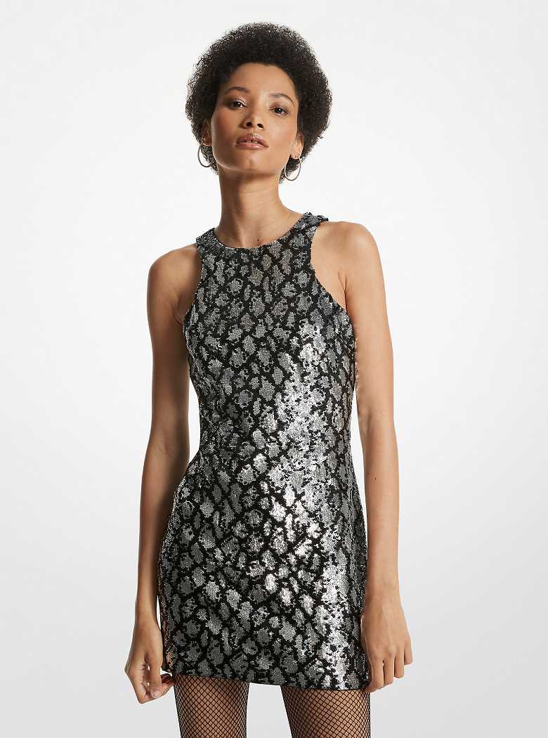 Michael Kors Snake Sequined Stretch-Tulle Tank Black/Silver | SN-MK26724