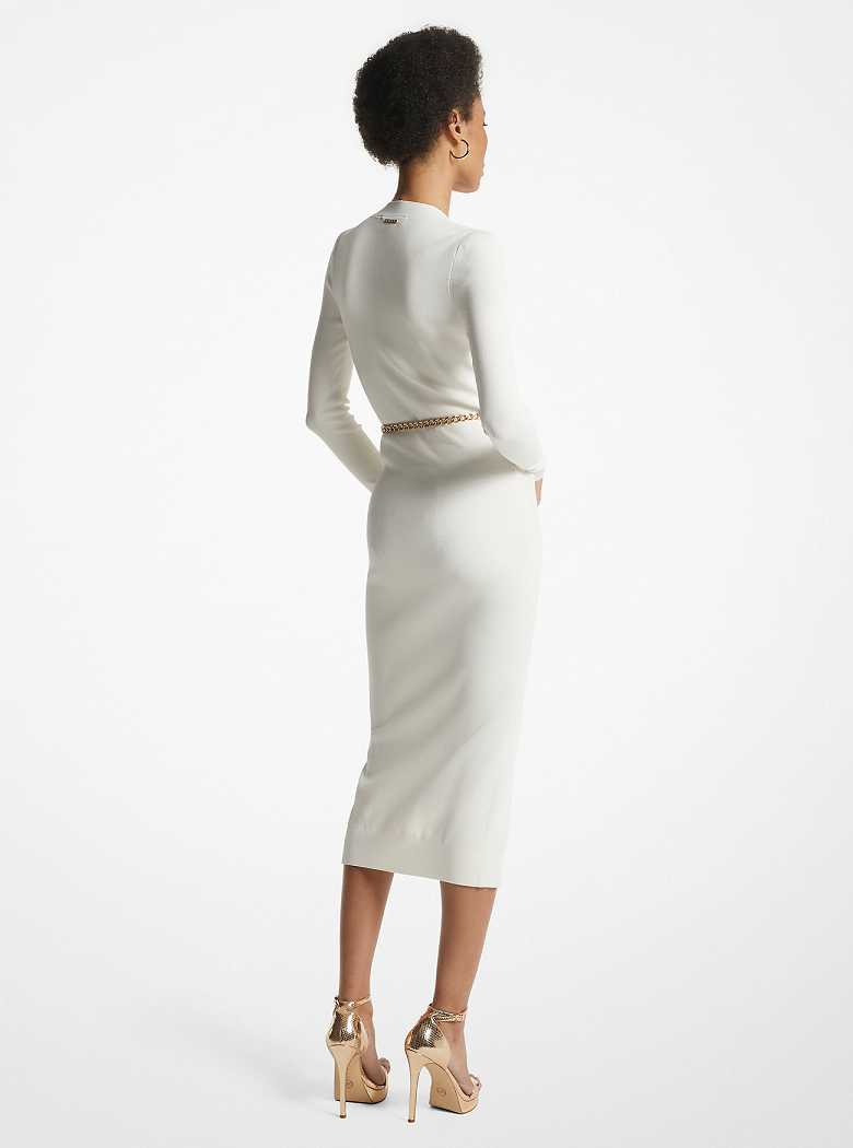 Michael Kors Stretch Viscose Belted Midi Bone | SN-MK26697