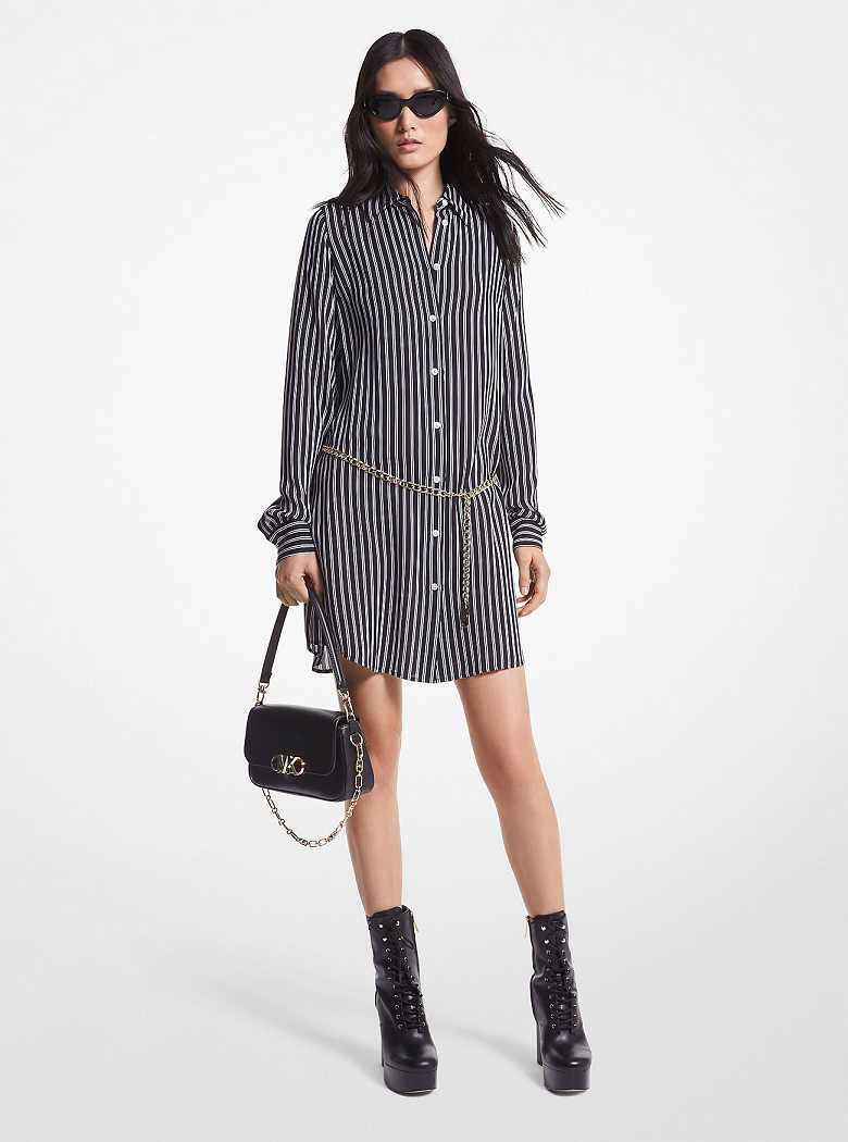 Michael Kors Striped Georgette Belted Black | SN-MK26779